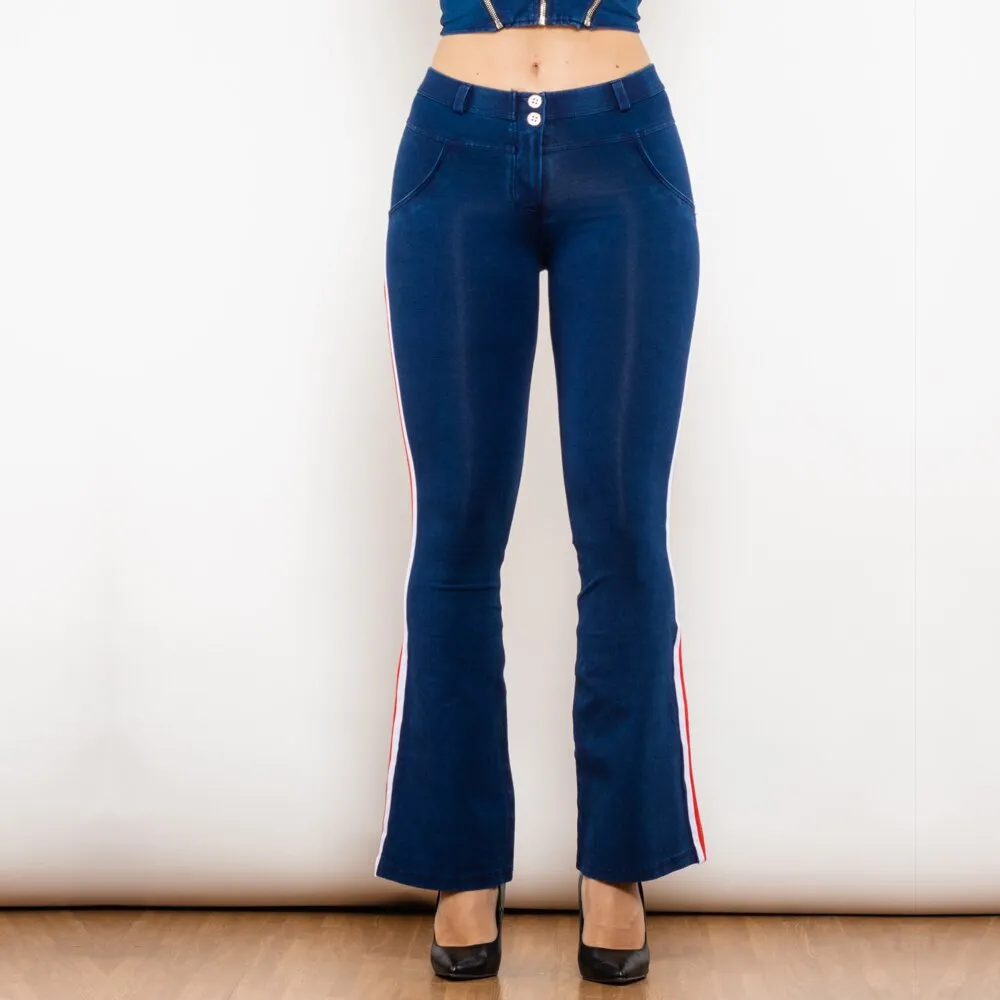 Mid Waist Dark Thread Blue Flare Jeans with Stripe