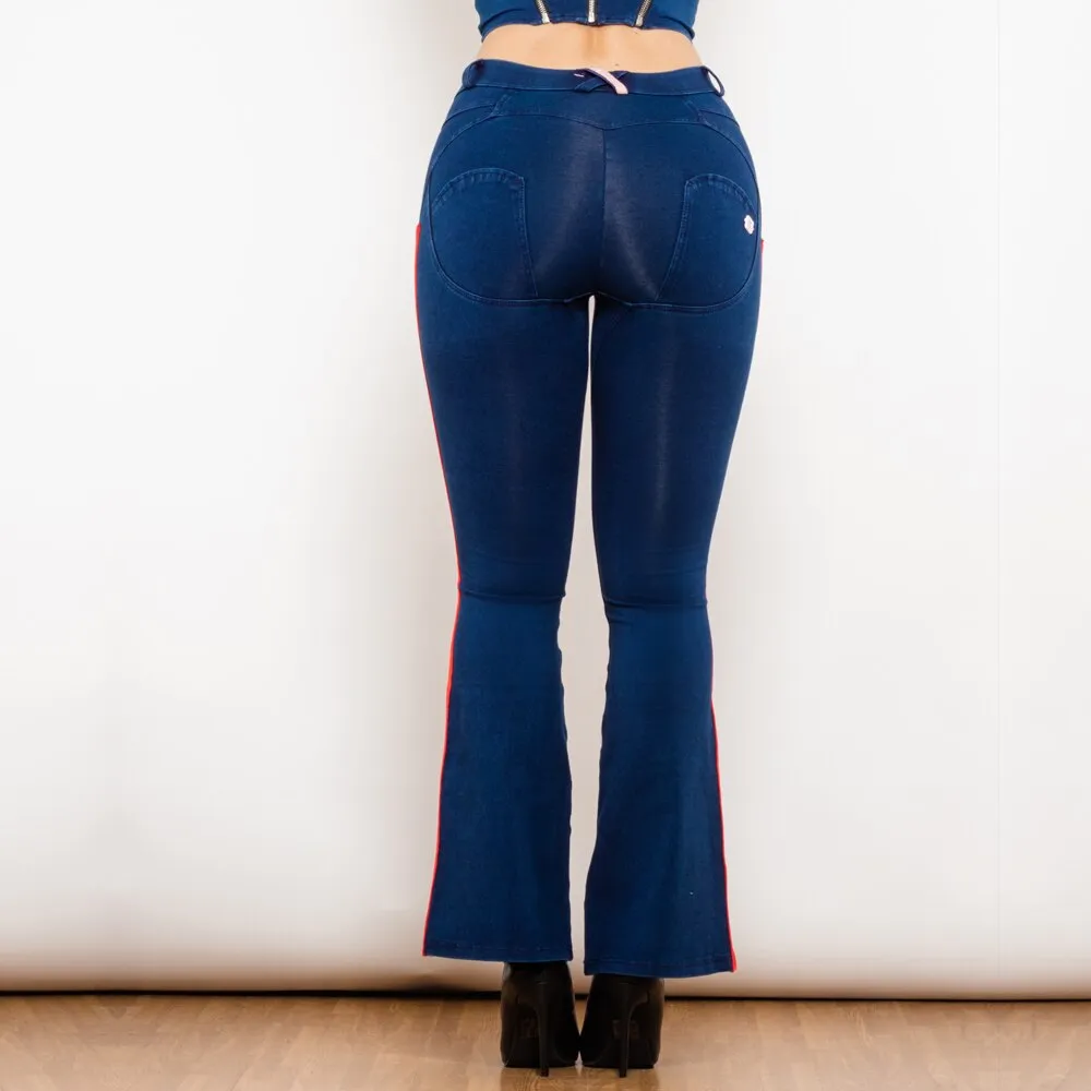 Mid Waist Dark Thread Blue Flare Jeans with Stripe