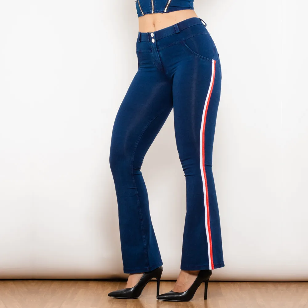 Mid Waist Dark Thread Blue Flare Jeans with Stripe