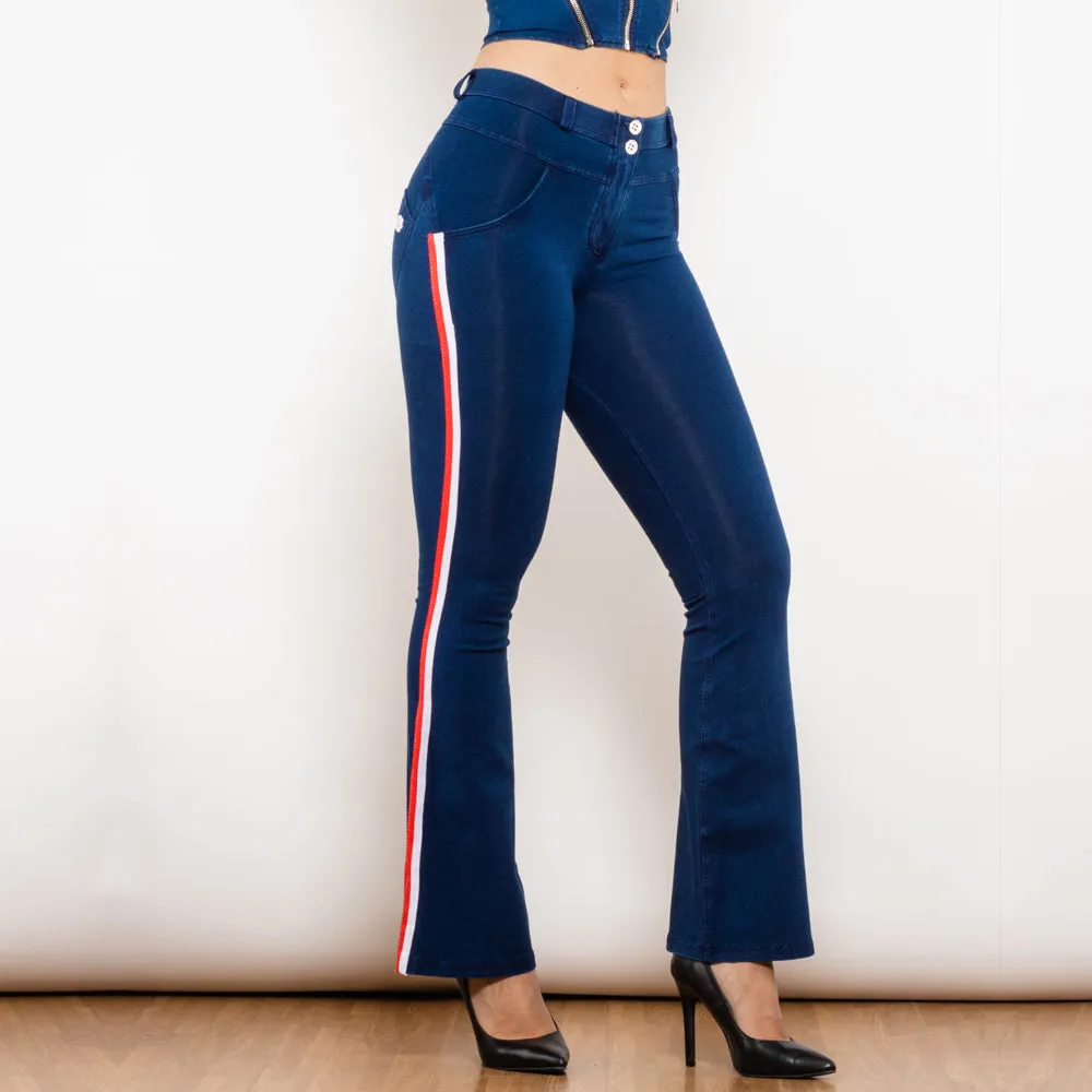 Mid Waist Dark Thread Blue Flare Jeans with Stripe