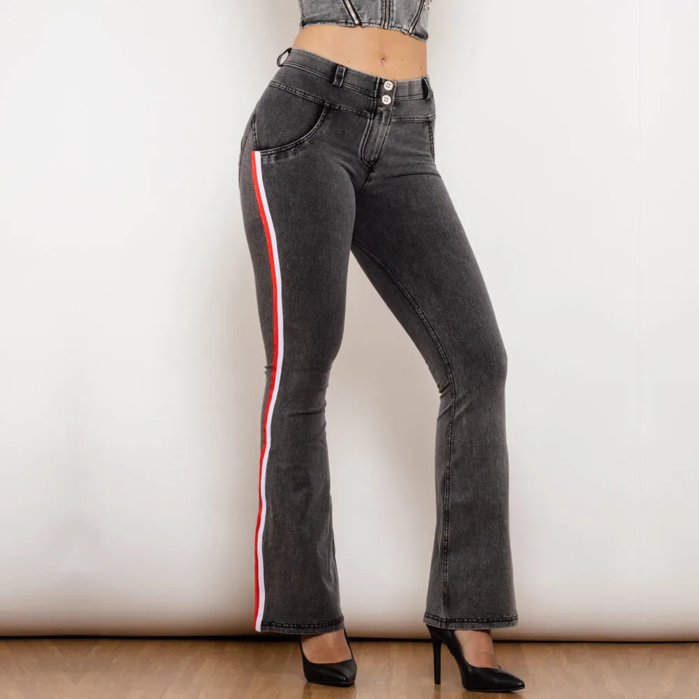 Mid Waist Dark Thread Grey Flare Jeans with Stripe