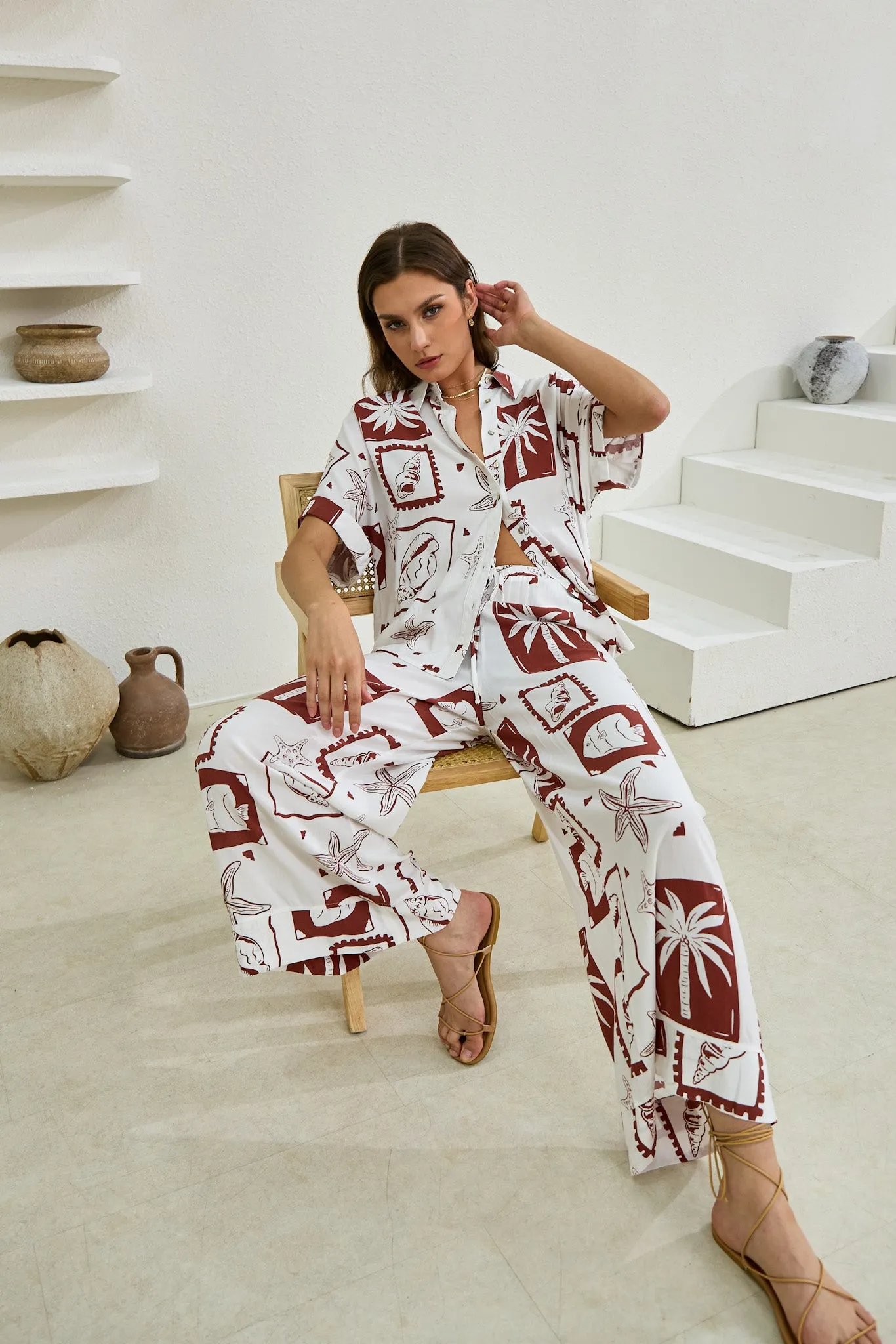 Mira Brown Sea Shells Tropical Wide Leg Pants