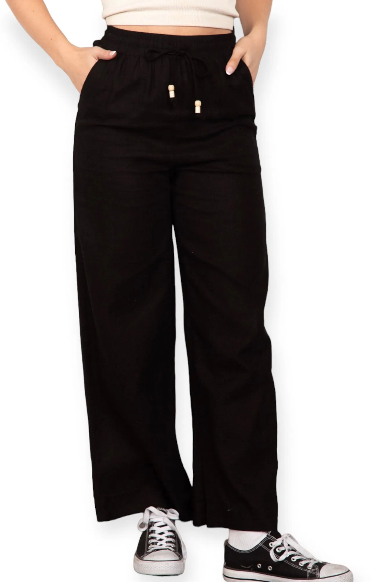 Monterey Summer Linen Wide Pants- Black