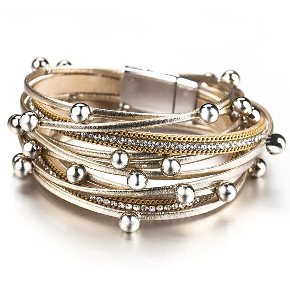 Multi-Layer Beaded Leather Wrap Bracelet With Crystal Metal Charm