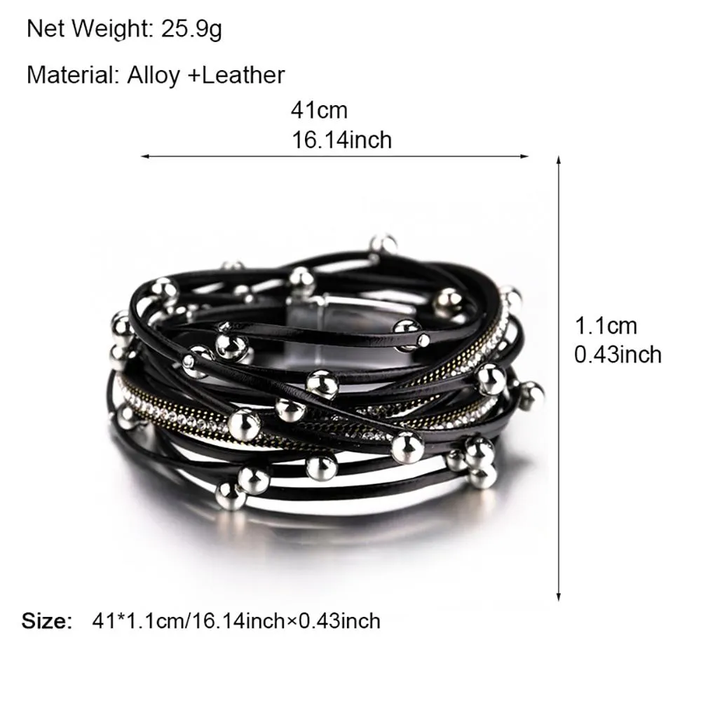 Multi-Layer Beaded Leather Wrap Bracelet With Crystal Metal Charm