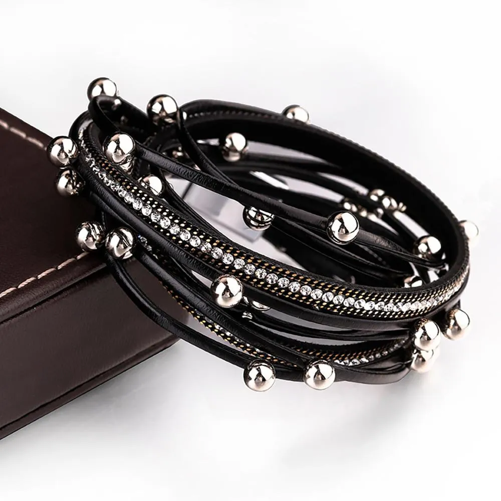 Multi-Layer Beaded Leather Wrap Bracelet With Crystal Metal Charm