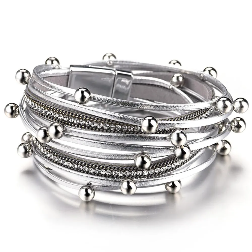 Multi-Layer Beaded Leather Wrap Bracelet With Crystal Metal Charm