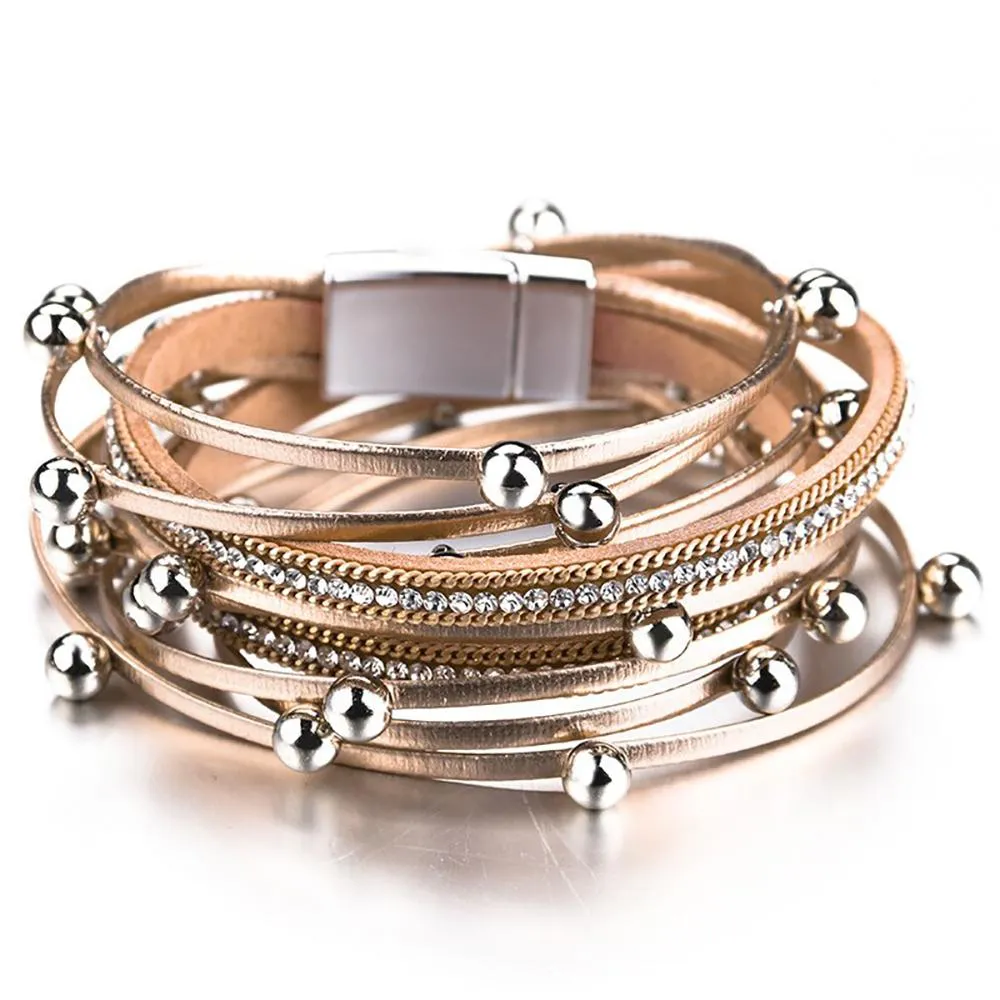 Multi-Layer Beaded Leather Wrap Bracelet With Crystal Metal Charm