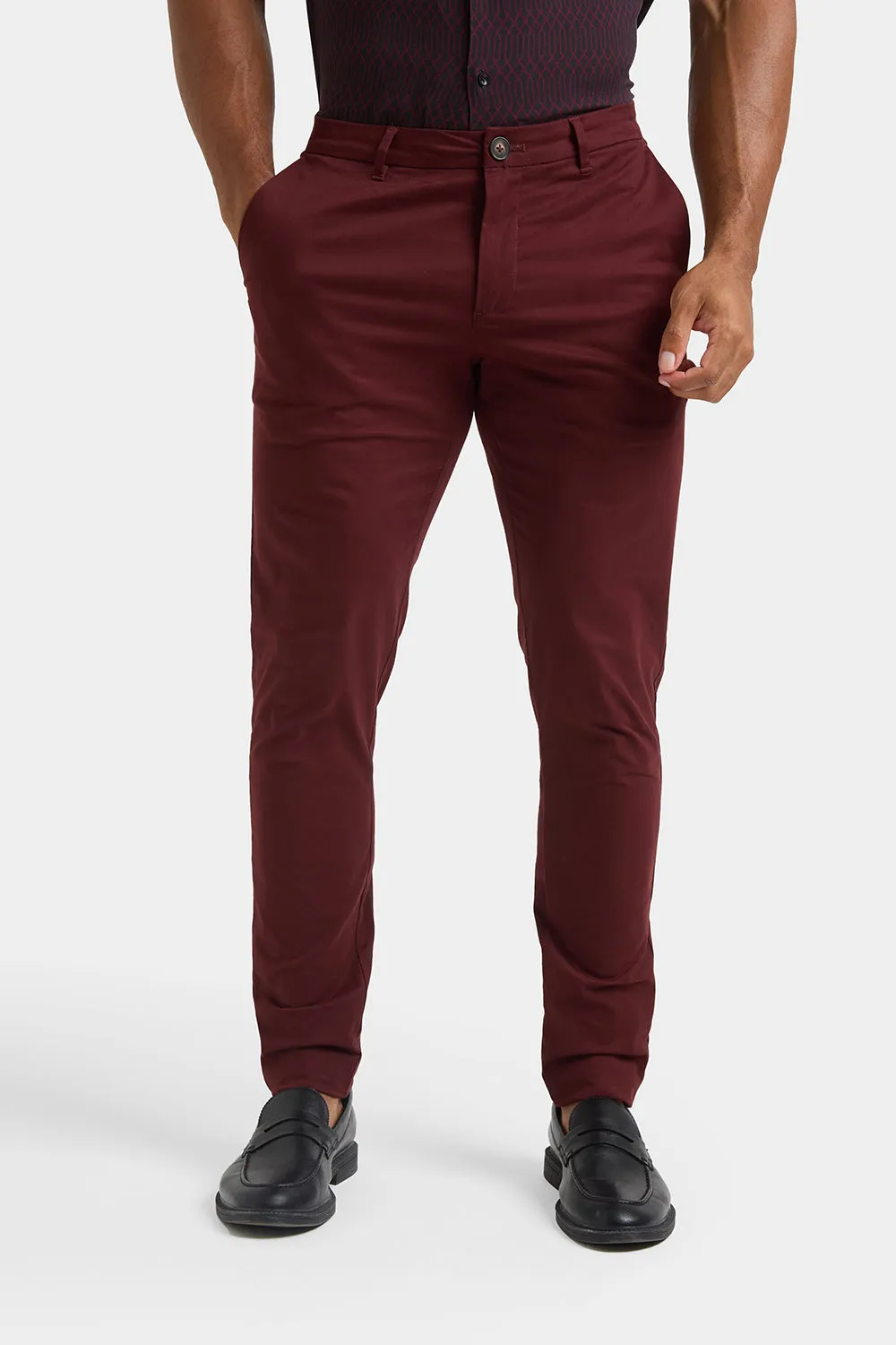 Muscle Fit Cotton Stretch Chino Trouser in Deep Burgundy