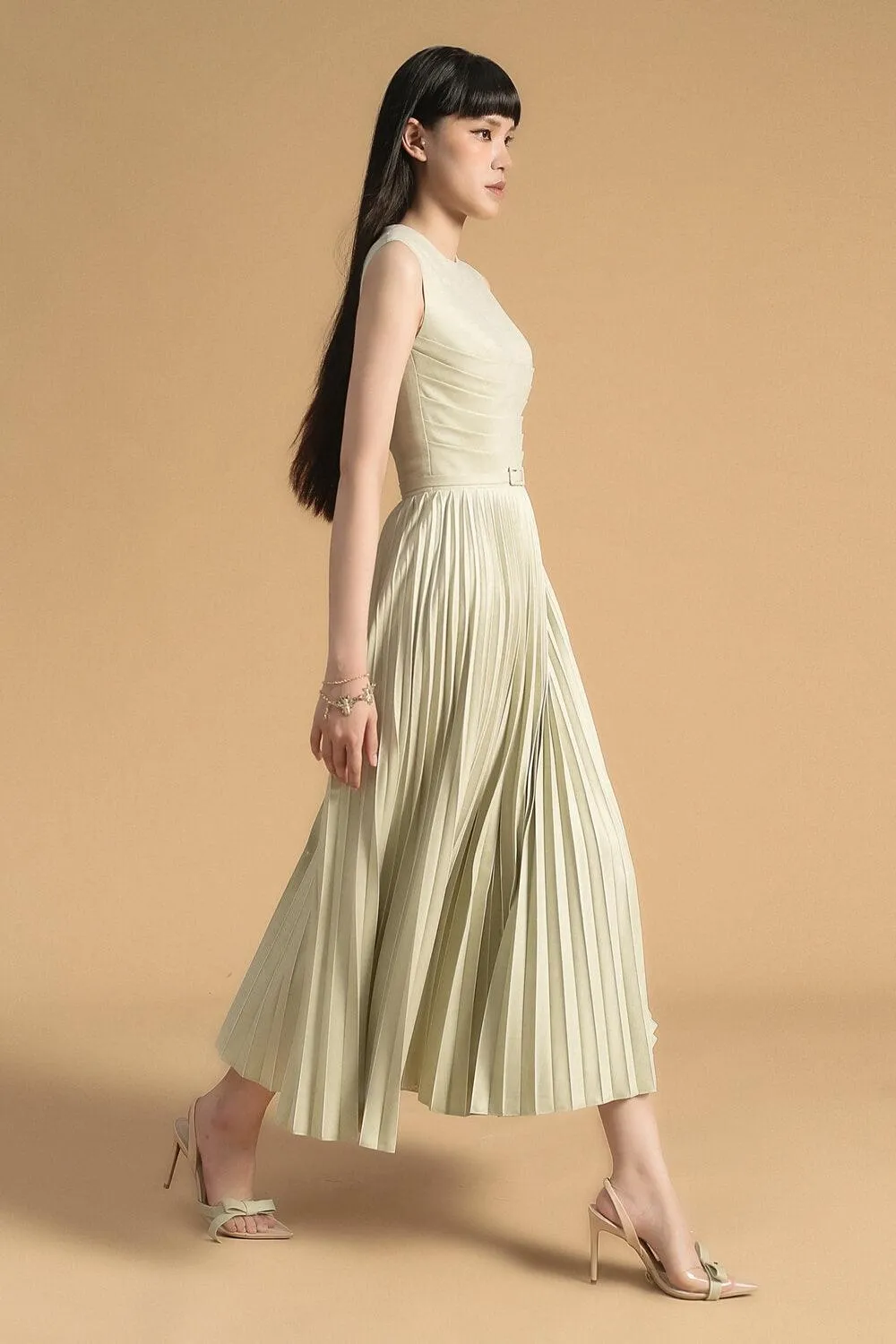 Nancy Pleated Sleeveless Polyester Midi Dress