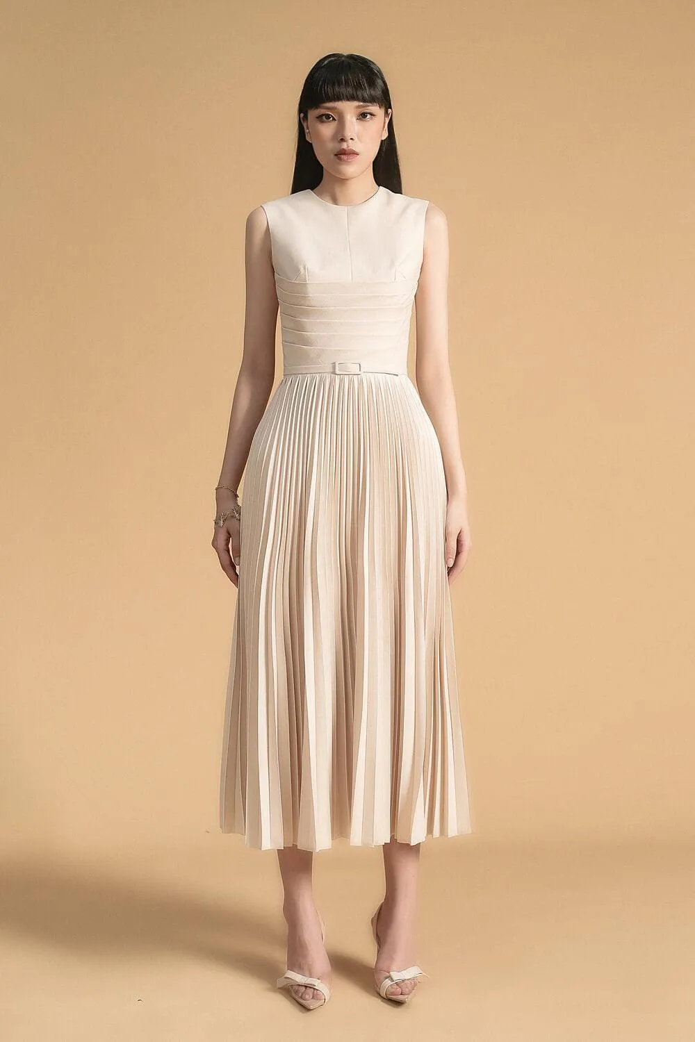 Nancy Pleated Sleeveless Polyester Midi Dress