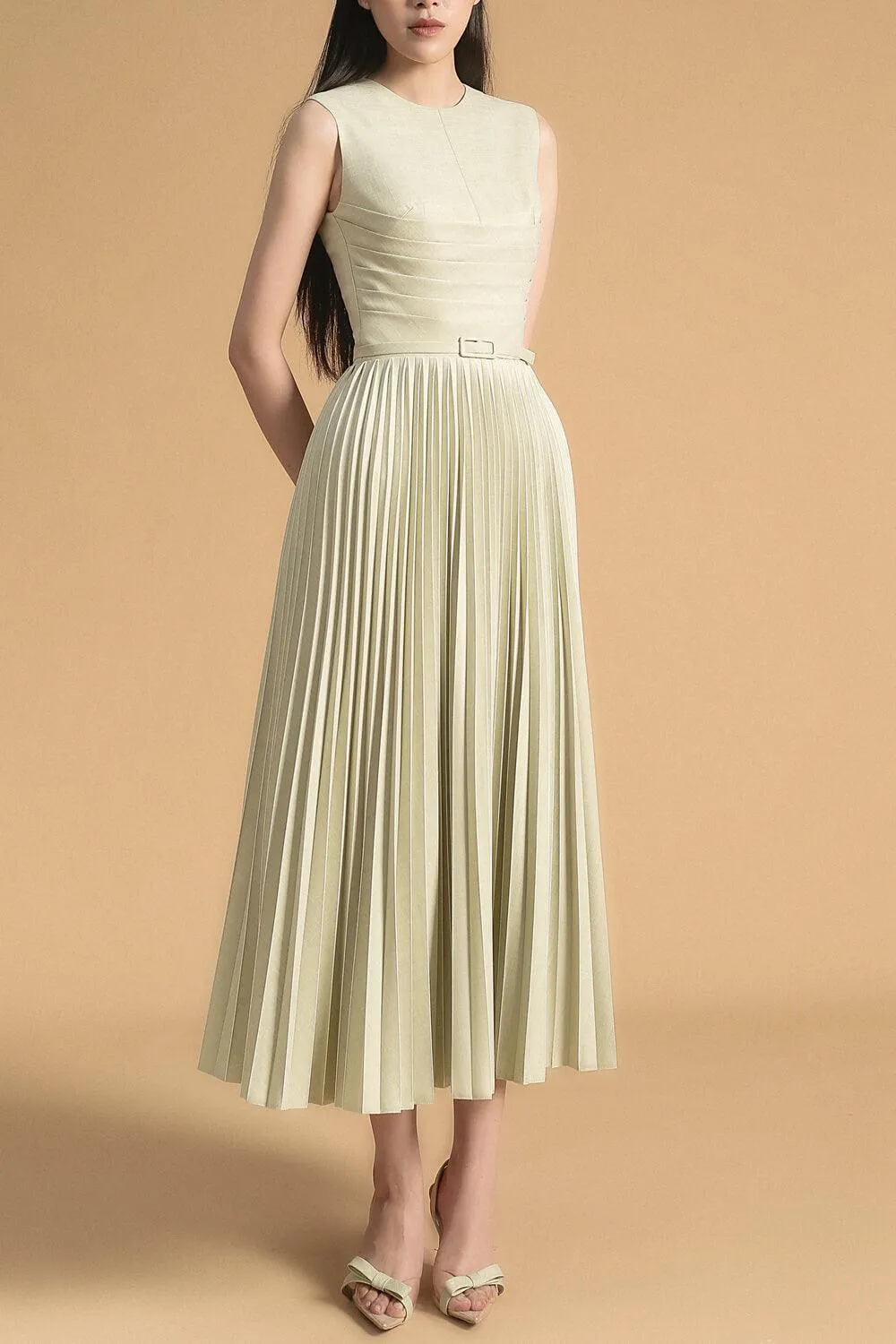 Nancy Pleated Sleeveless Polyester Midi Dress