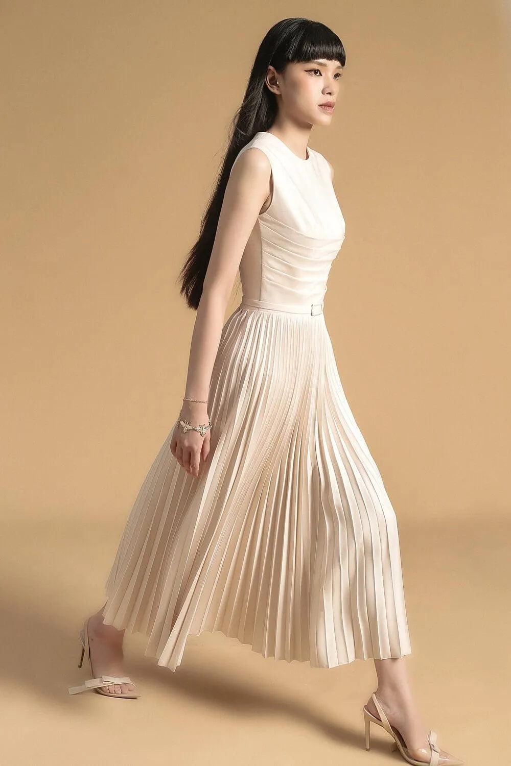 Nancy Pleated Sleeveless Polyester Midi Dress