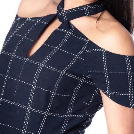 Navy Blue Check Print Cold Shoulder Halter Top