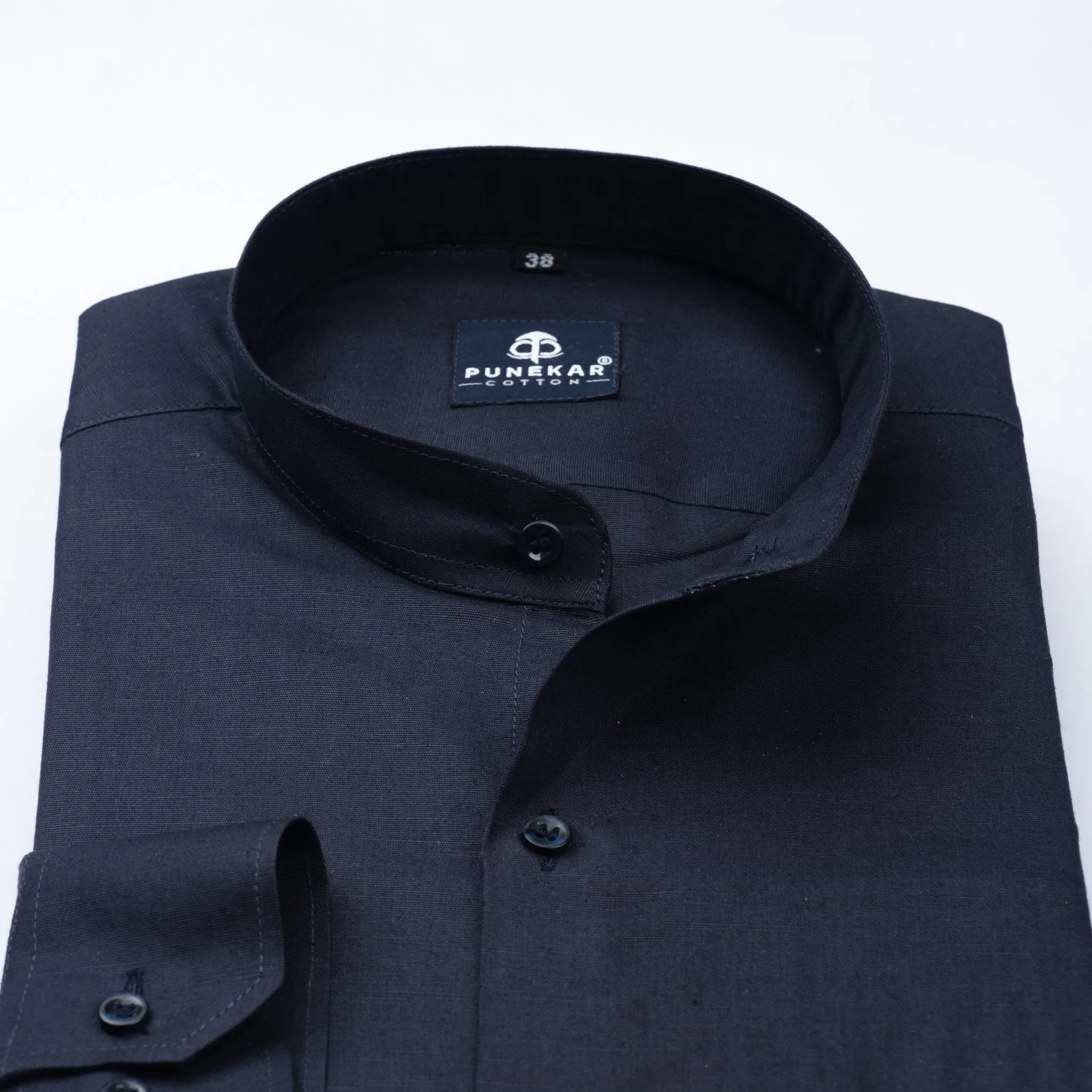 Navy Blue Color Band Collar Solid Shirt For Men