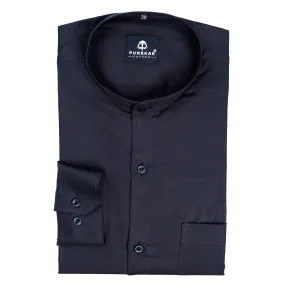 Navy Blue Color Band Collar Solid Shirt For Men