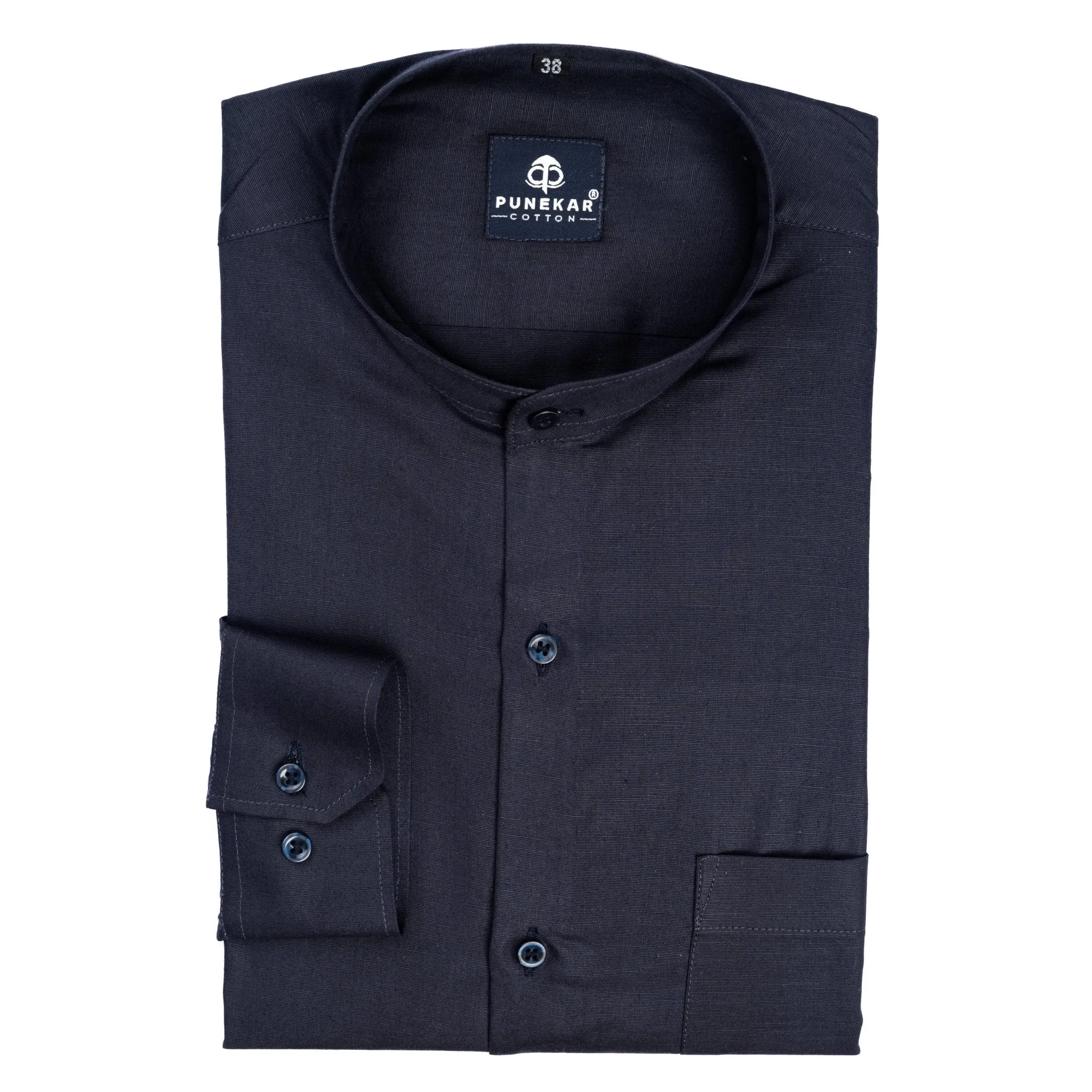 Navy Blue Color Band Collar Solid Shirt For Men