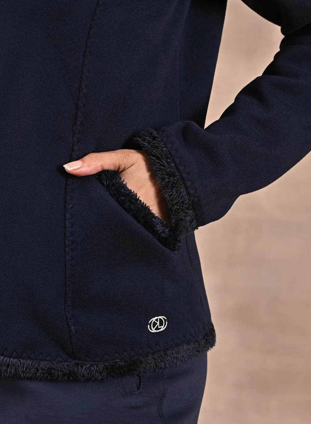 Navy High-neck Long Sleeve Sherpa Fur Jacket