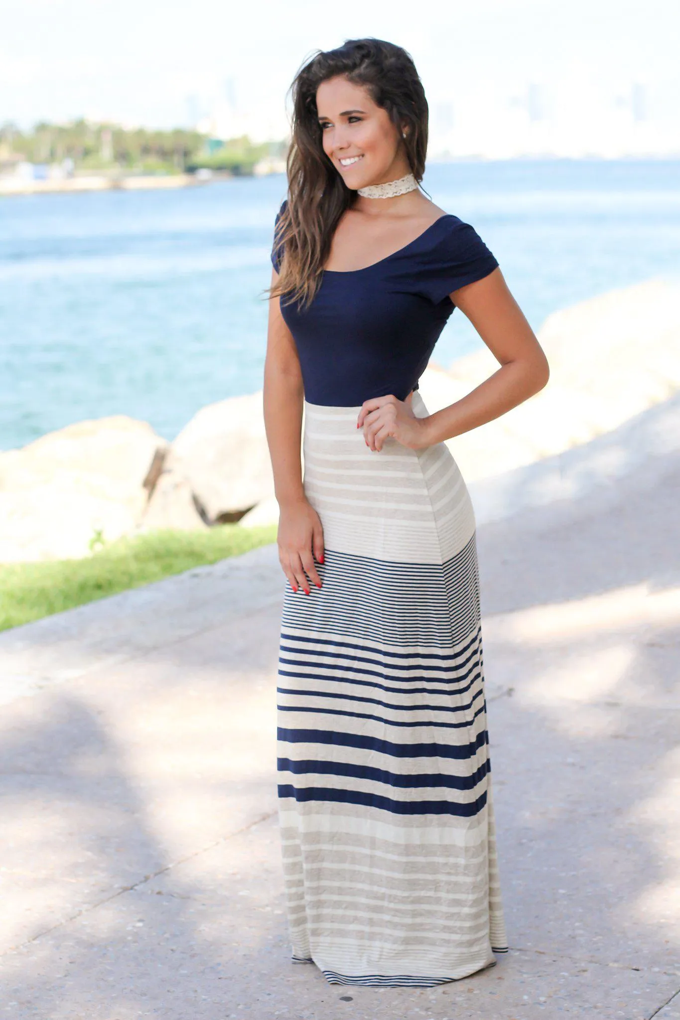 Navy Striped Maxi Dress with Short Sleeves