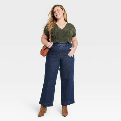 New - Universal Thread Women's High Waisted Wide Leg Cropped High-Rise Jeans, Dark Wash