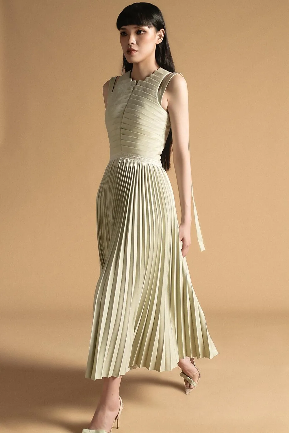 Noah Pleated Extended Flap Polyester Midi Dress