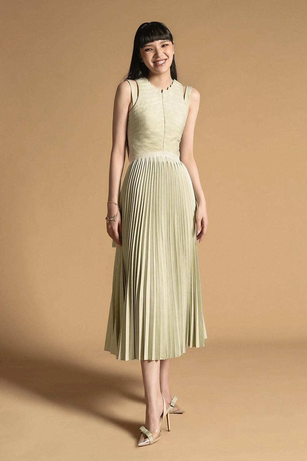 Noah Pleated Extended Flap Polyester Midi Dress