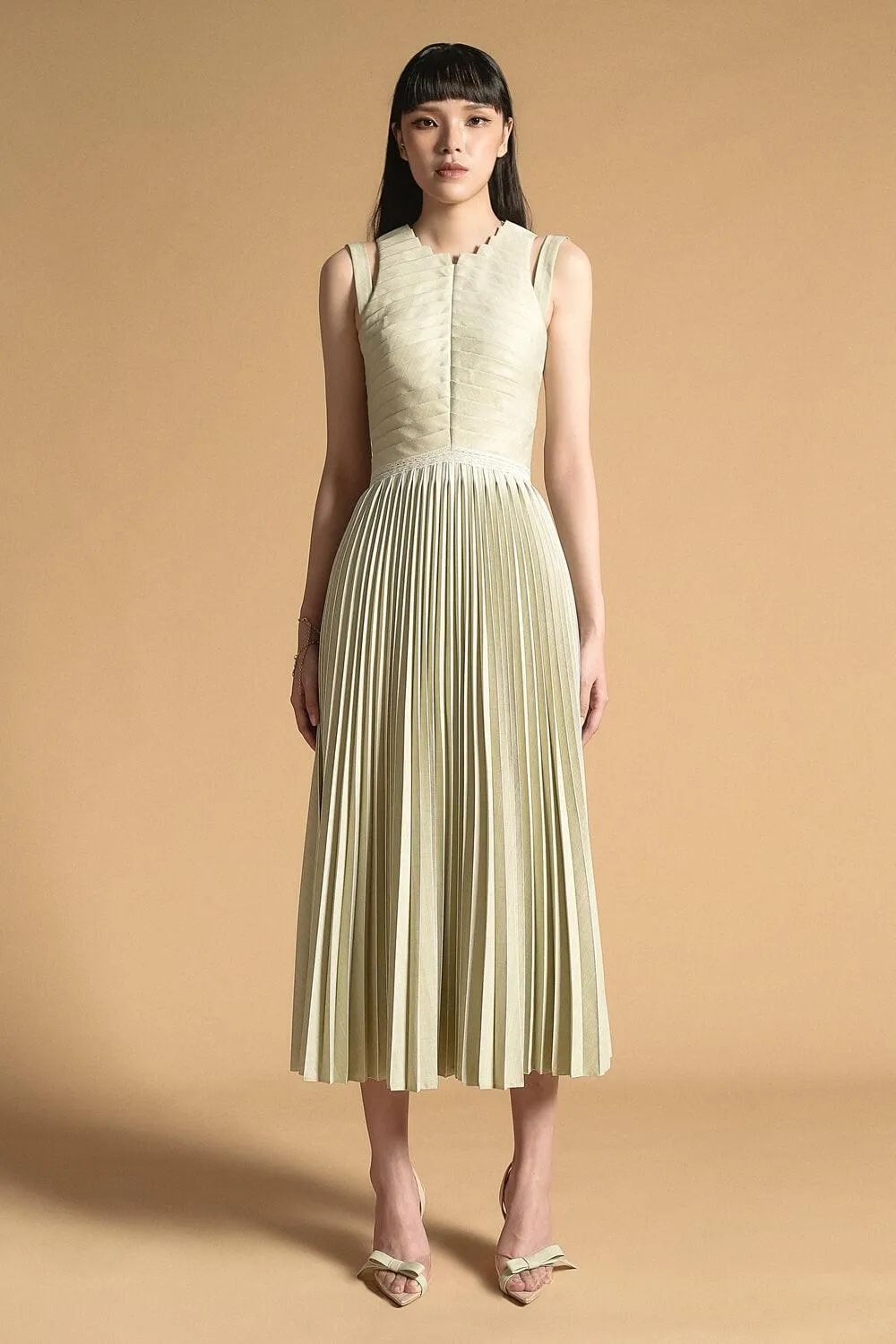 Noah Pleated Extended Flap Polyester Midi Dress