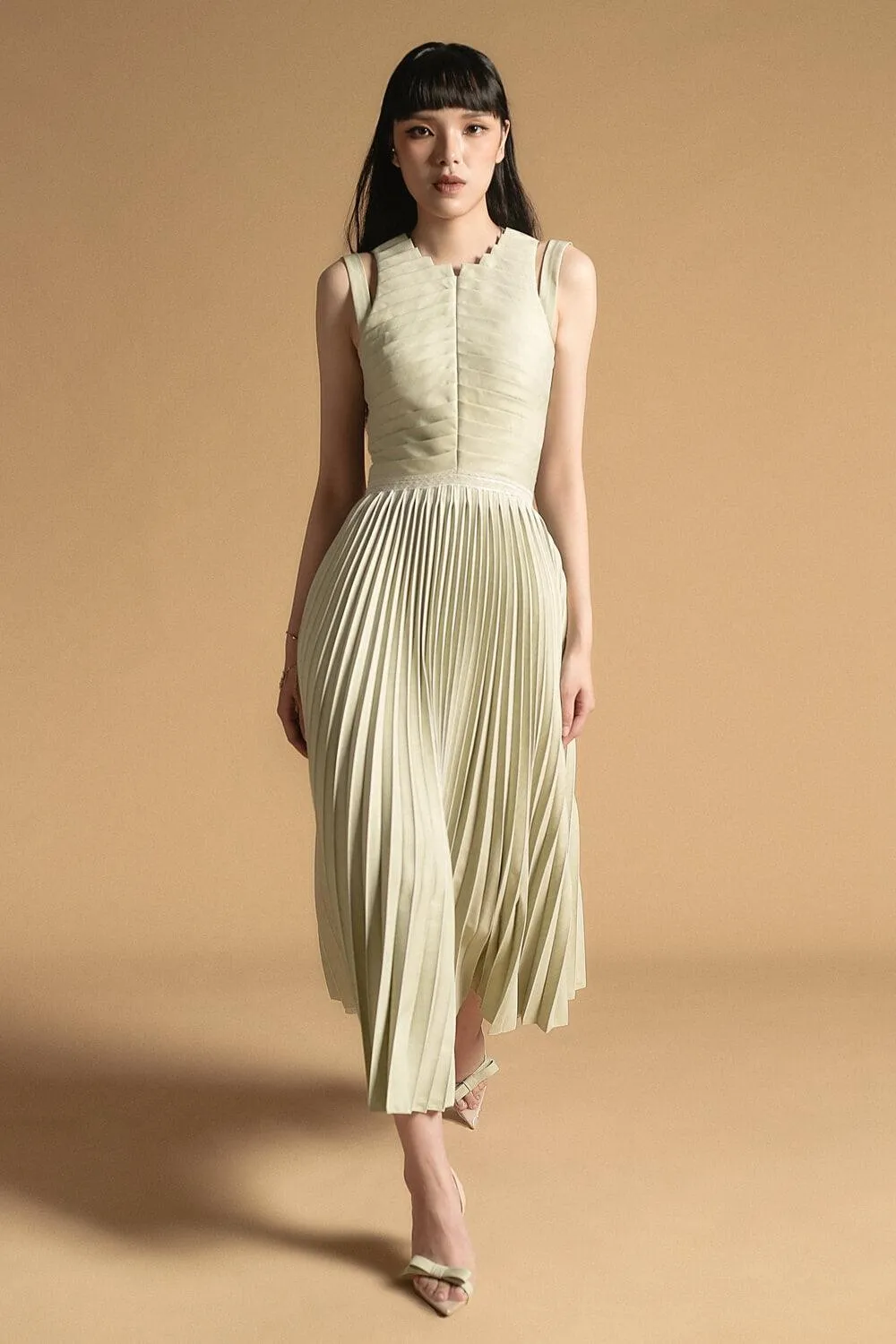 Noah Pleated Extended Flap Polyester Midi Dress