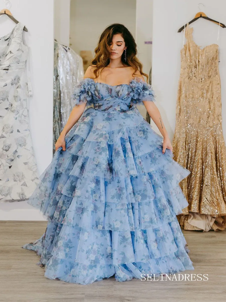 Off Shoulder A-line Blue Ruched Tiered Floral Blue Long Prom Dress lps008