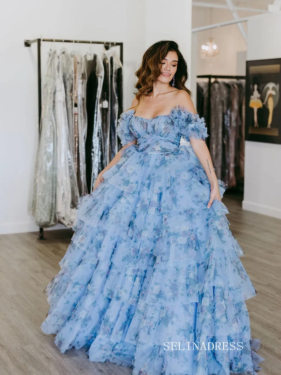 Off Shoulder A-line Blue Ruched Tiered Floral Blue Long Prom Dress lps008