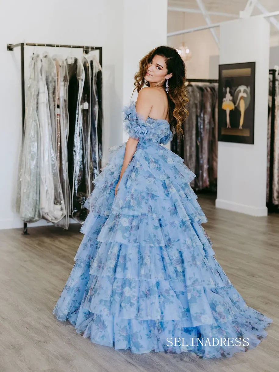 Off Shoulder A-line Blue Ruched Tiered Floral Blue Long Prom Dress lps008