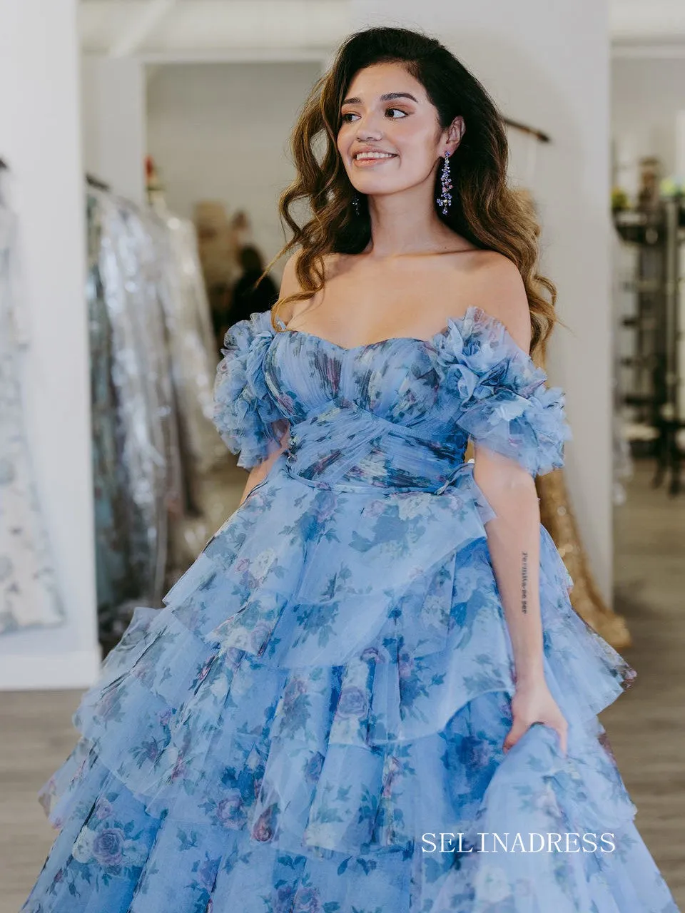 Off Shoulder A-line Blue Ruched Tiered Floral Blue Long Prom Dress lps008