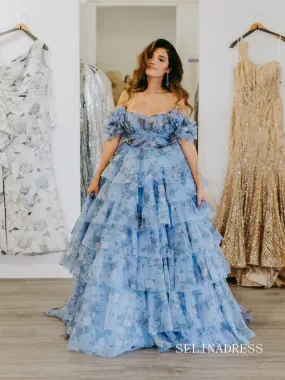 Off Shoulder A-line Blue Ruched Tiered Floral Blue Long Prom Dress lps008