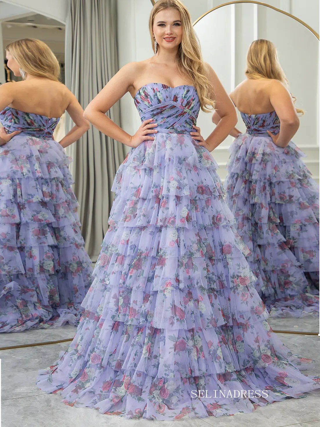 Off Shoulder A-line Blue Ruched Tiered Floral Blue Long Prom Dress lps008