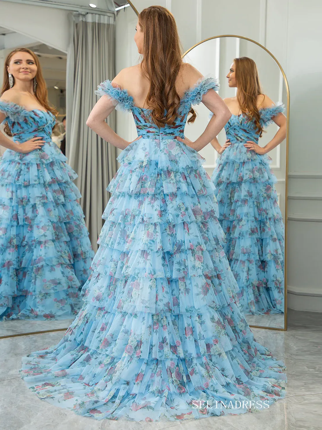 Off Shoulder A-line Blue Ruched Tiered Floral Blue Long Prom Dress lps008