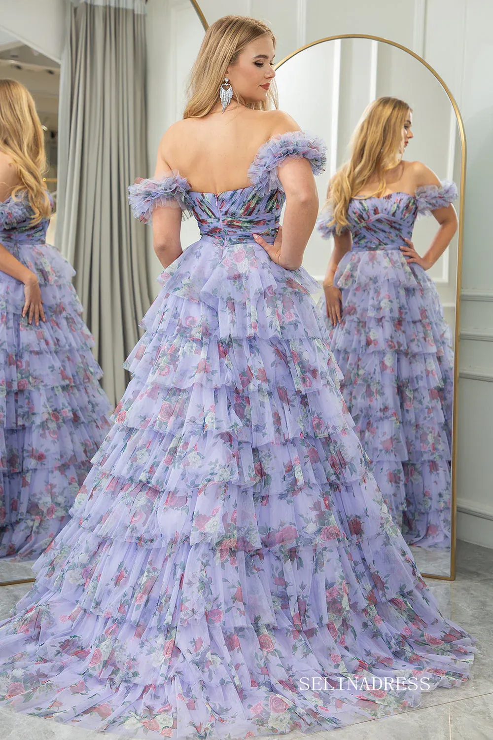 Off Shoulder A-line Blue Ruched Tiered Floral Blue Long Prom Dress lps008