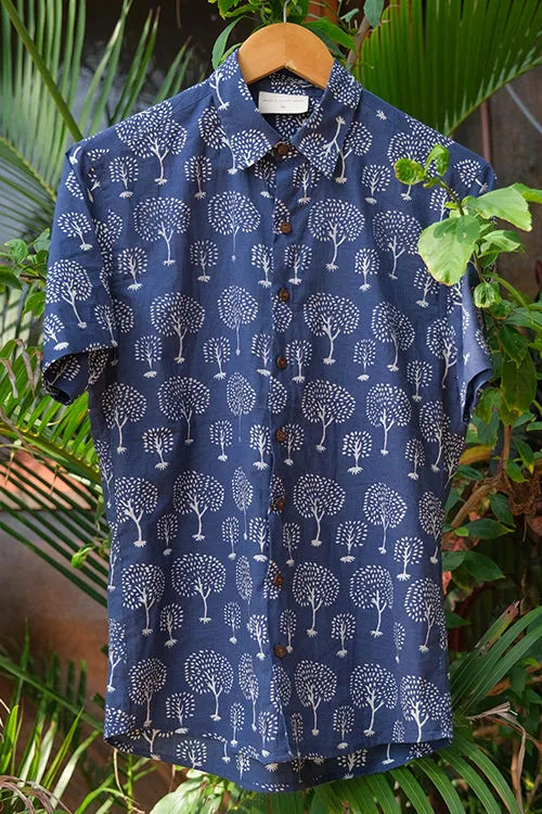 Okhai "Blue Timber" Handblock Printed Half-Sleeved Pure Cotton Shirt