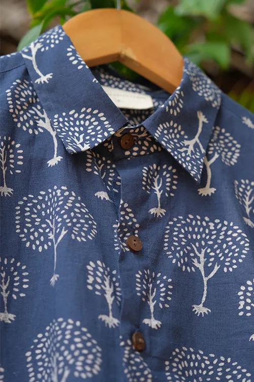 Okhai "Blue Timber" Handblock Printed Half-Sleeved Pure Cotton Shirt