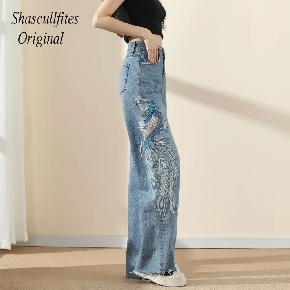 Original Embroidery Straight Loose Blue Women Jeans Wide Leg Fashion Pants Over Size Jeans