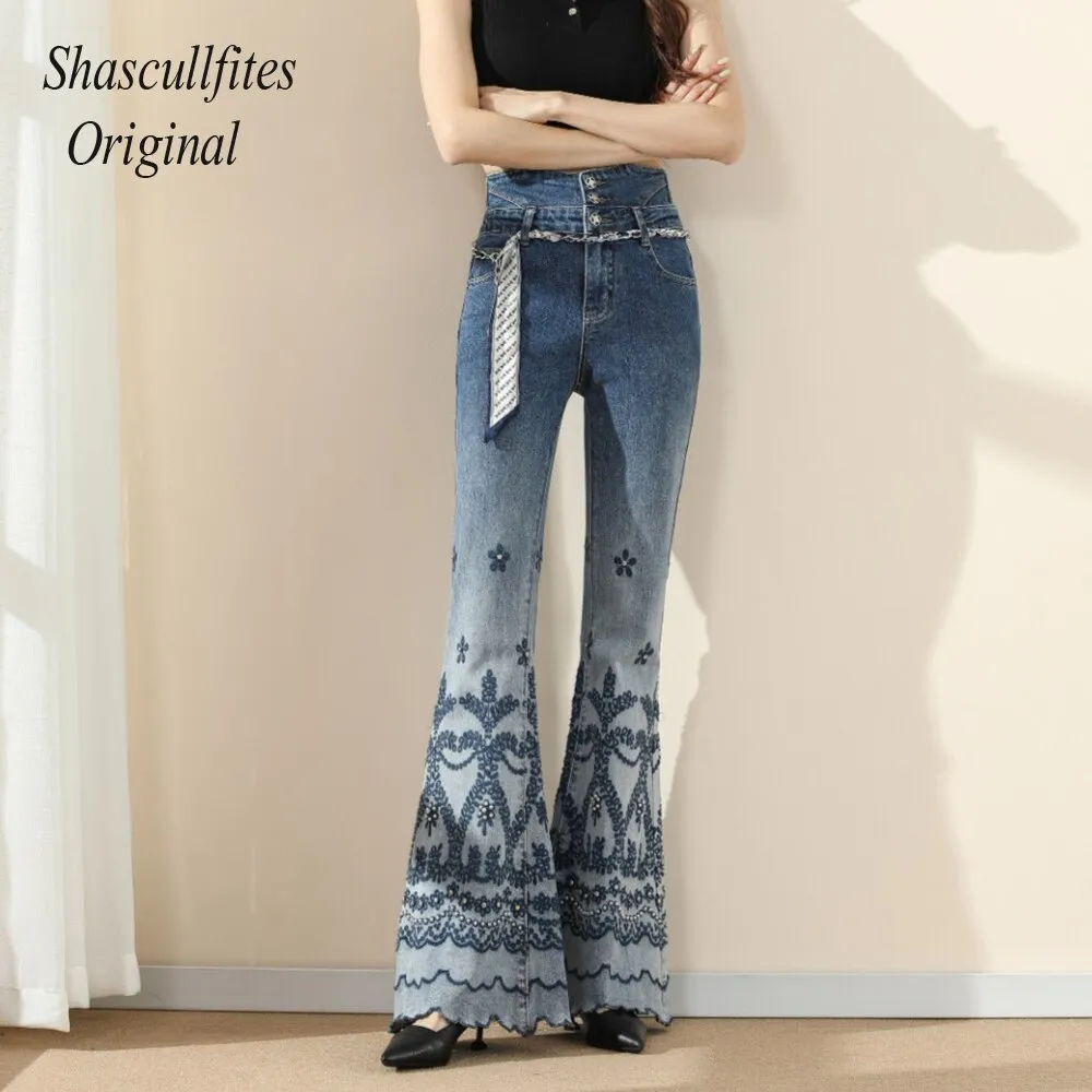 Original High Waist Retro Straight Loose Mopping 3 Buttons Jeans  Bottom Embroidered Women Denim Pants Jeans