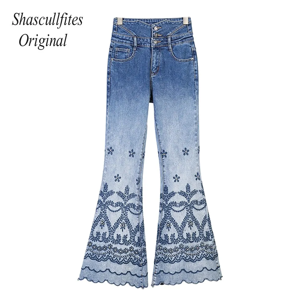 Original High Waist Retro Straight Loose Mopping 3 Buttons Jeans  Bottom Embroidered Women Denim Pants Jeans