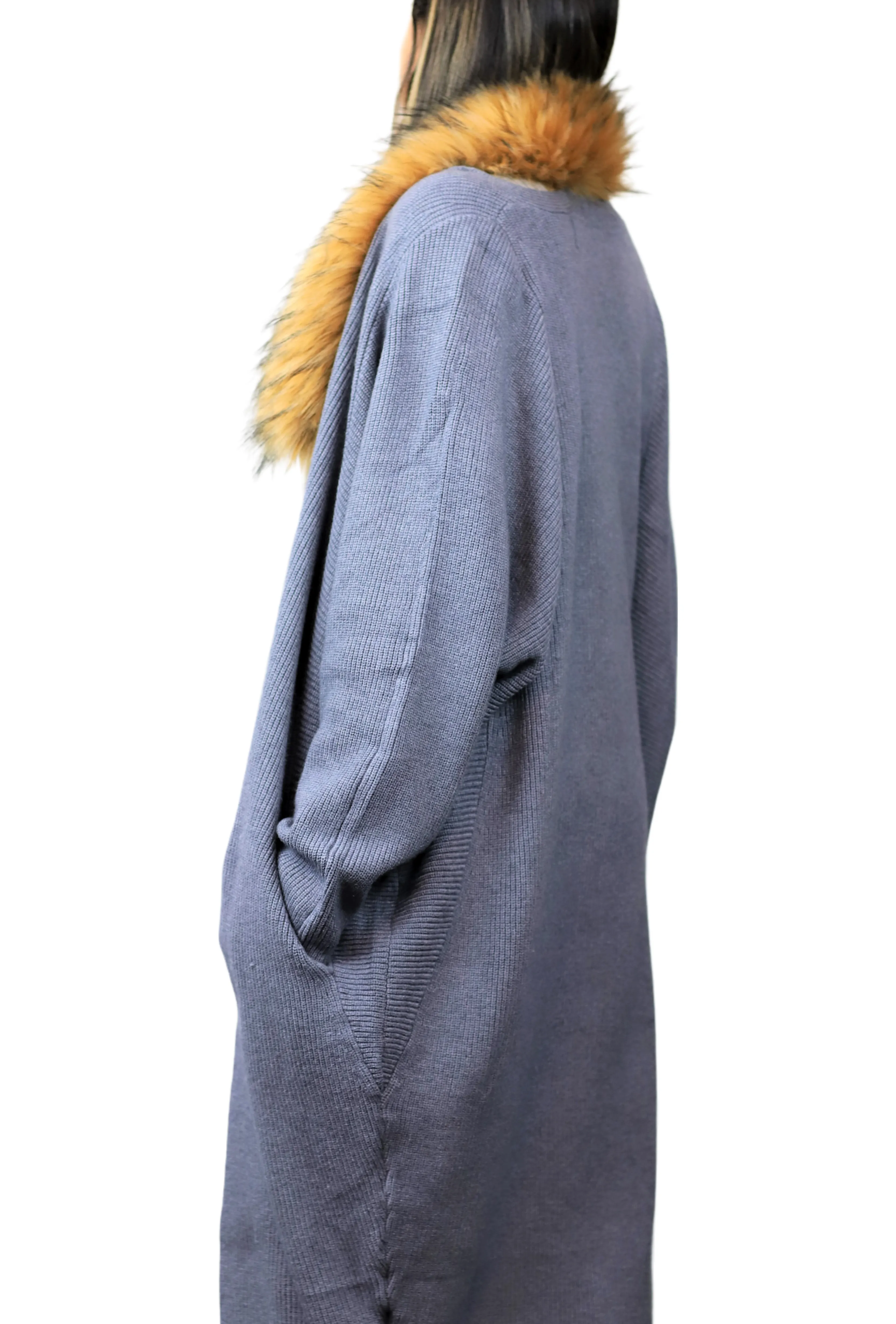 Oversized Cardigan with Faux Trim Collar - Grey