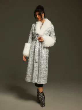 Panue Faux Fur Collar Sequin Coat