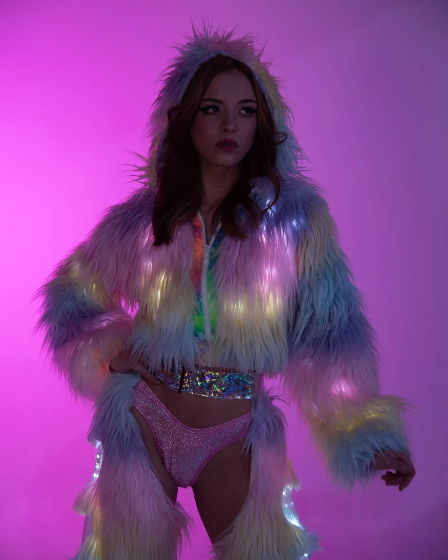 Pastel Rainbow Light Up LED Faux Fur Cropped Jacket