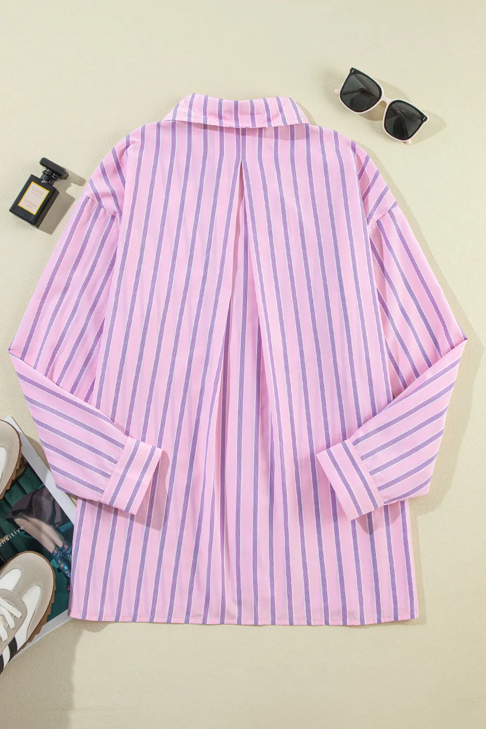 Pink Casual Stripe Chest Pocket Shirt