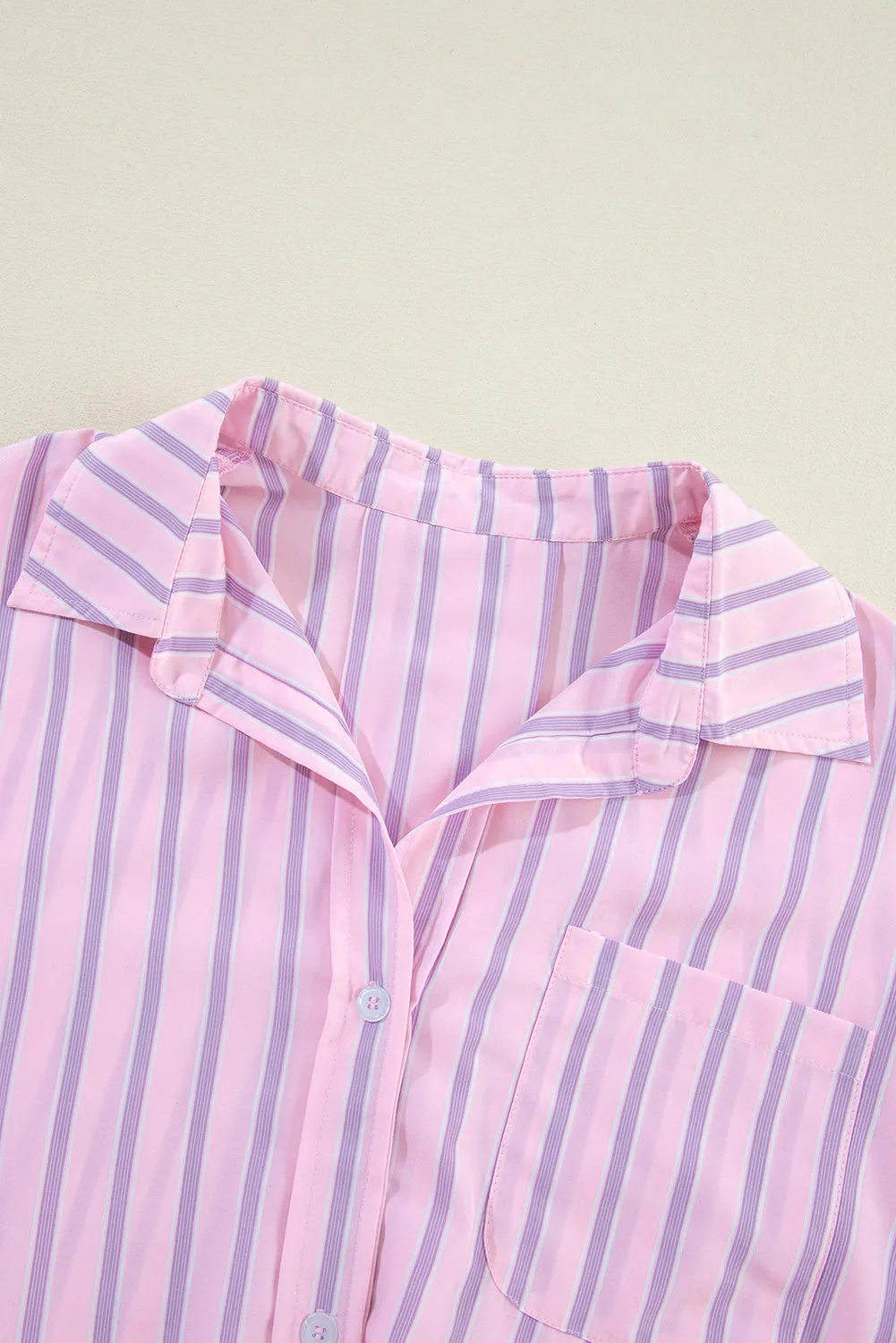 Pink Casual Stripe Chest Pocket Shirt