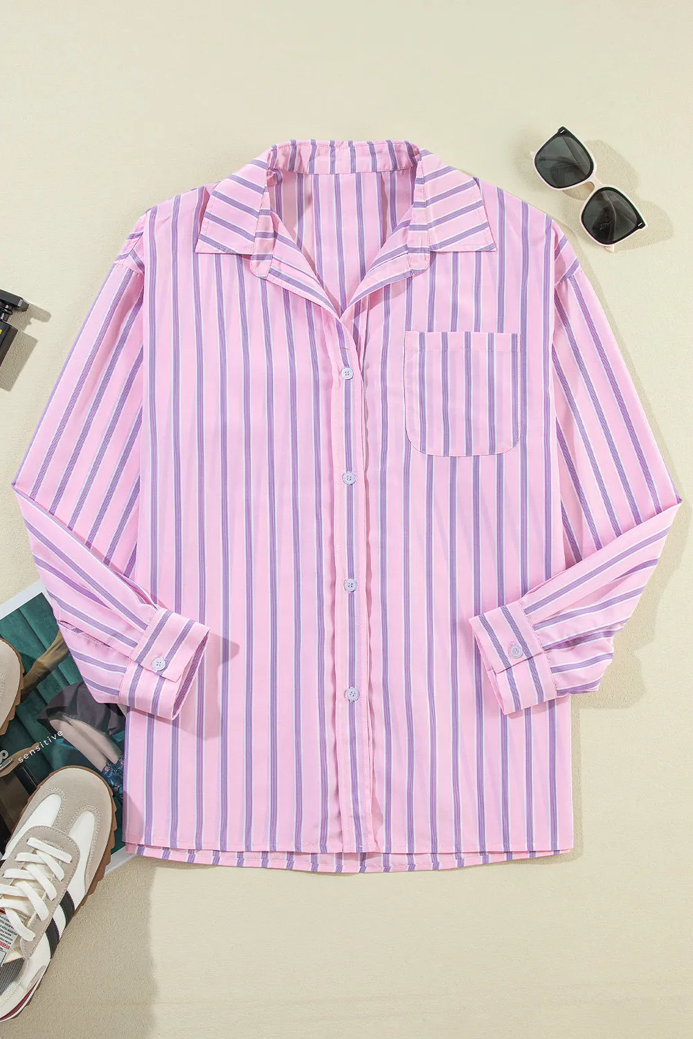 Pink Casual Stripe Chest Pocket Shirt