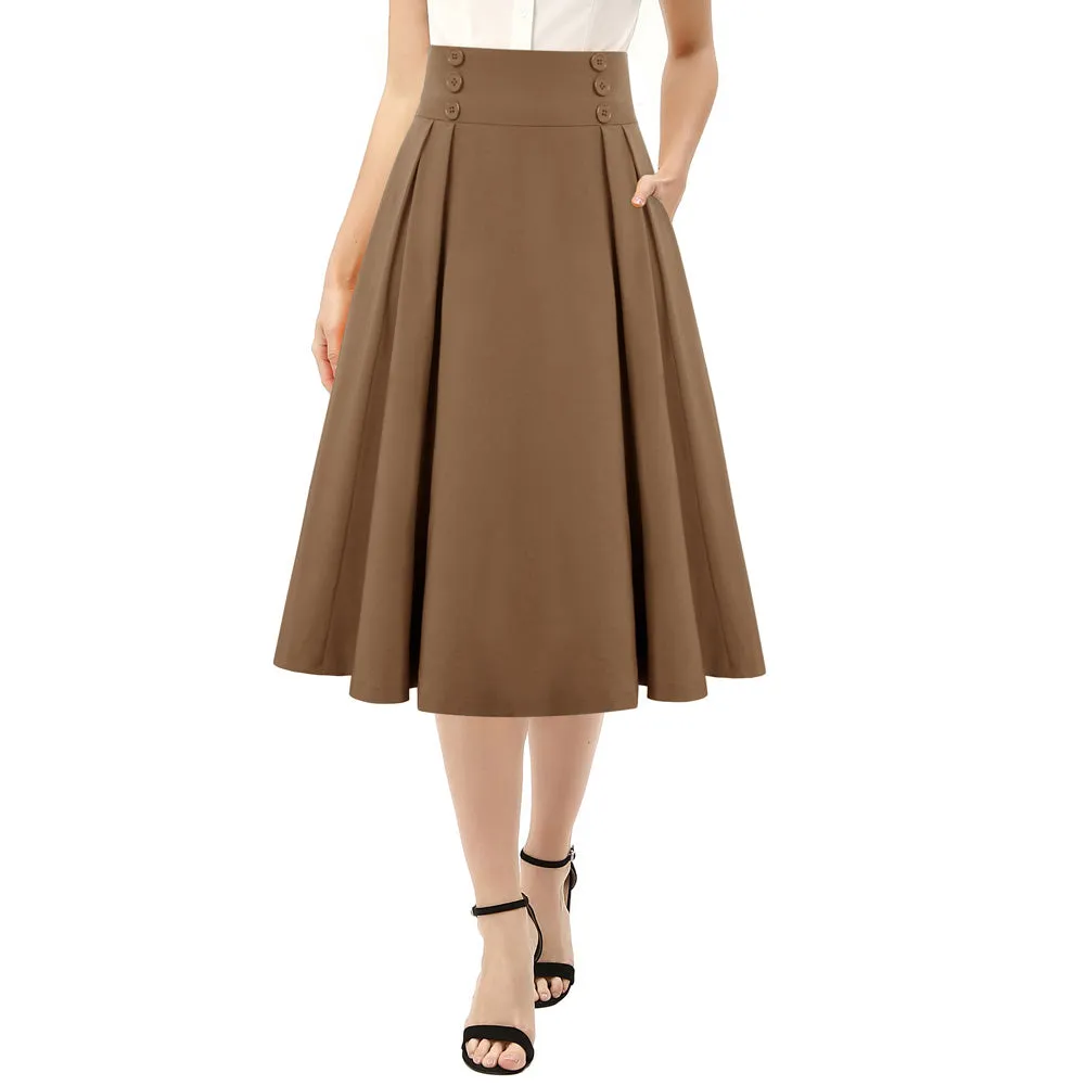 Pleated Buttons Decorated Elastic Waist High Waist Swing A-Line Skirt with Pockets