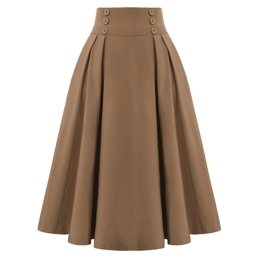 Pleated Buttons Decorated Elastic Waist High Waist Swing A-Line Skirt with Pockets