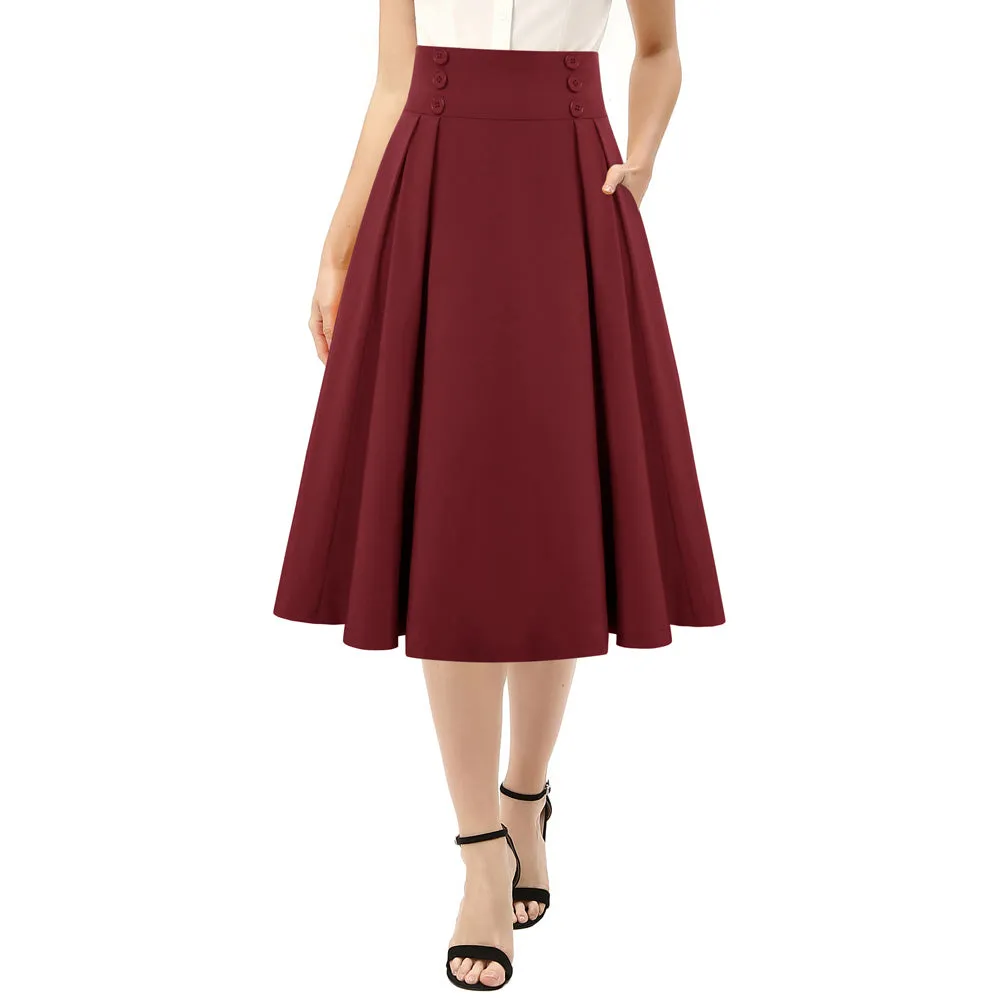 Pleated Buttons Decorated Elastic Waist High Waist Swing A-Line Skirt with Pockets